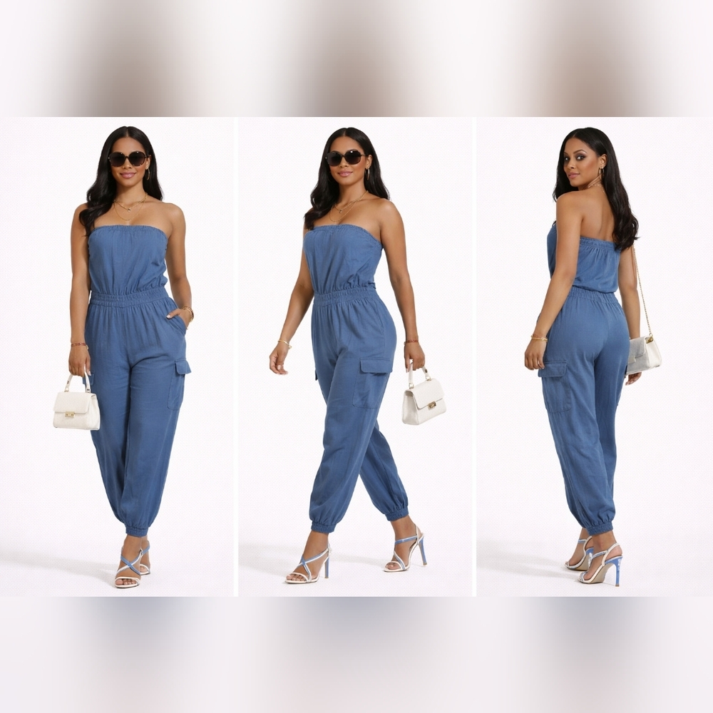 Blue Strapless Cargo Romper Medium | Casual Summer Jumpsuit